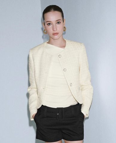  URBAN REVIVO - Áo khoác tweed nữ tay dài phom croptop 