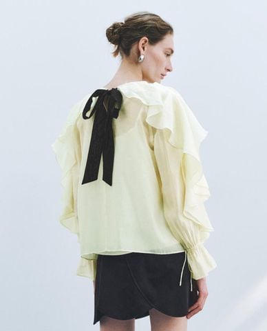  URBAN REVIVO - Áo kiểu nữ tay dài bèo nhún phối nơ 