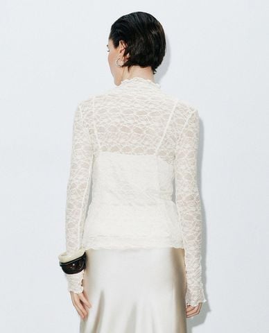  URBAN REVIVO - Áo kiểu nữ tay dài phối ren xuyên thấu 