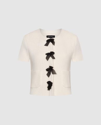  URBAN REVIVO - Áo khoác dệt kim nữ tay ngắn phối nơ 