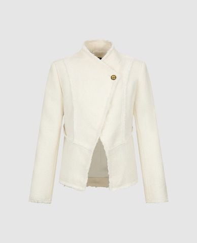  URBAN REVIVO - Áo khoác tweed nữ tay dài viền tua rua 
