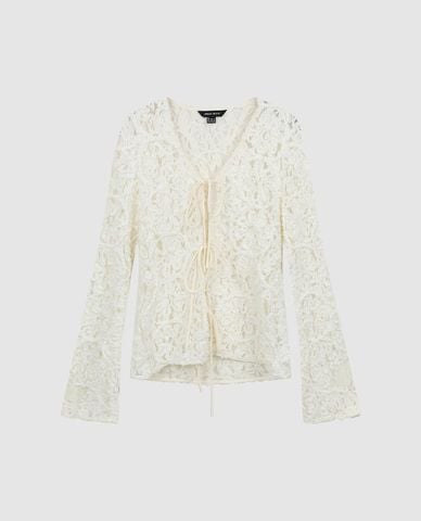  URBAN REVIVO - Áo kiểu nữ cổ V tay dài buộc dây 