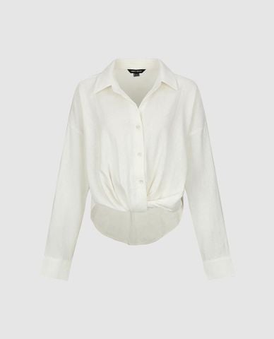  URBAN REVIVO - Áo sơ mi nữ cổ bẻ tay dài xoắn eo 