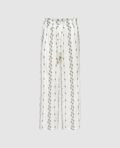  URBAN REVIVO - Quần nữ ống rộng lưng thun thêu họa tiết 