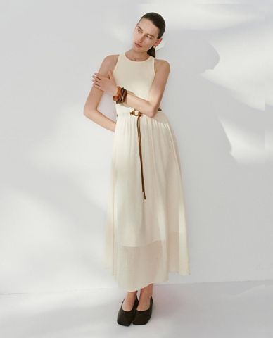  URBAN REVIVO - Đầm sát nách midi phối thắt lưng 