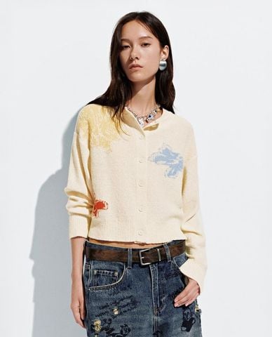  URBAN REVIVO - Áo khoác cardigan nữ cổ tròn phối họa tiết 