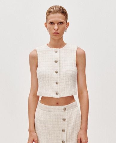  URBAN REVIVO - Áo khoác tweed nữ sát nách phom croptop 