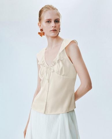  URBAN REVIVO - Áo sát nách nữ cổ V phối bèo buộc nơ 