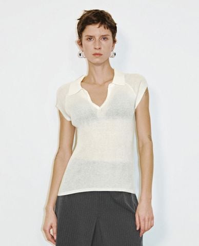  URBAN REVIVO - Áo dệt kim nữ cổ bẻ tay ngắn Lapel 