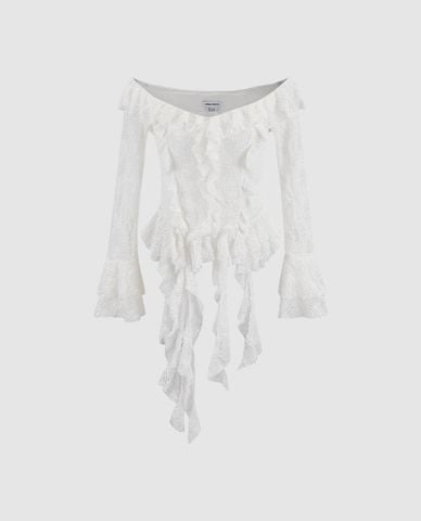  URBAN REVIVO - Áo trễ vai nữ tay dài phối ren Ruffle 