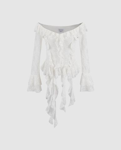 URBAN REVIVO - Áo trễ vai nữ tay dài phối ren Ruffle 