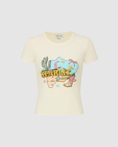  URBAN REVIVO - Áo croptop nữ cổ tròn tay ngắn in họa tiết 