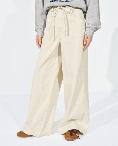  URBAN REVIVO - Quần jeans nữ ống rộng phối dây rút 