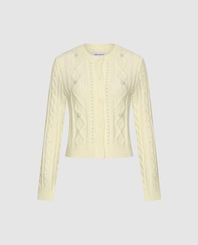  URBAN REVIVO - Áo khoác cardigan nữ cổ tròn đính ngọc trai 