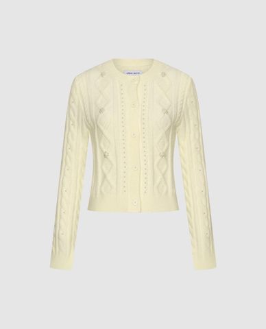  URBAN REVIVO - Áo khoác cardigan nữ cổ tròn đính ngọc trai 