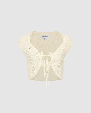  URBAN REVIVO - Áo khoác dệt kim nữ phối ren phom croptop 