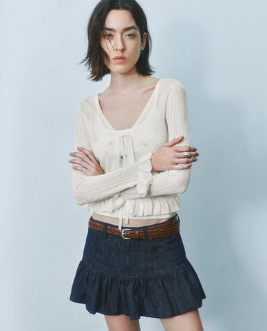  URBAN REVIVO - Áo khoác cardigan nữ tay dài thắt nơ 