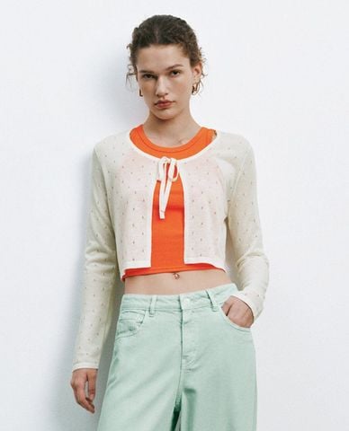  URBAN REVIVO - Áo khoác cardigan nữ tay dài buộc nơ 