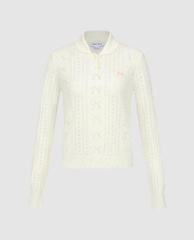  URBAN REVIVO - Áo dệt kim nữ cổ bẻ tay dài phối nơ 