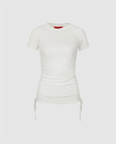  URBAN REVIVO - Áo thun nữ tay ngắn phom ôm phối dây rút 