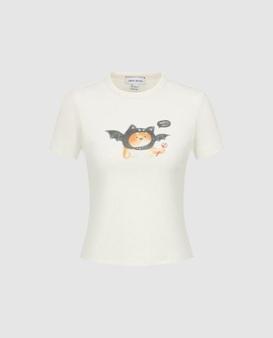  URBAN REVIVO - Áo thun nữ cổ tròn tay ngắn in họa tiết 