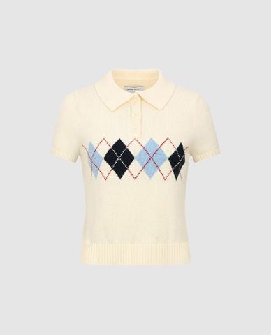  URBAN REVIVO - Áo dệt kim nữ cổ bẻ tay ngắn phối nút 