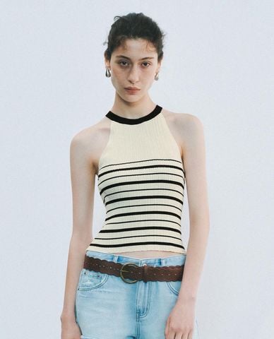  URBAN REVIVO - Áo dệt kim nữ cổ yếm phối sọc 