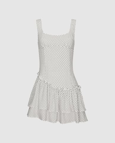  URBAN REVIVO - Đầm sát nách mini chấm bi xếp tầng 