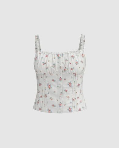  URBAN REVIVO - Áo hai dây nữ cổ vuông Floral 