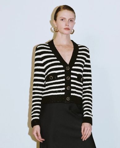  URBAN REVIVO - Áo khoác cardigan nữ cổ V kẻ sọc 