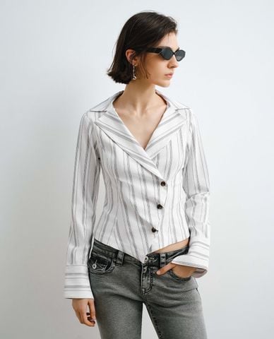  URBAN REVIVO - Áo sơ mi nữ cổ vest tay dài kẻ sọc 