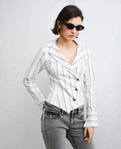  URBAN REVIVO - Áo sơ mi nữ cổ vest tay dài kẻ sọc 