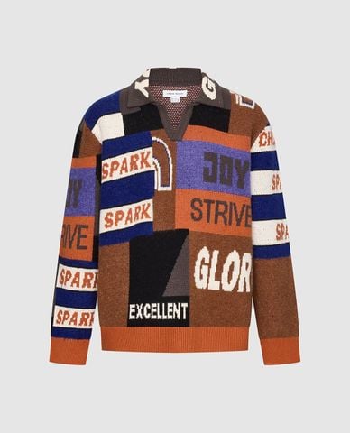  URBAN REVIVO - Áo dệt kim nam cổ bẻ tay dài phối họa tiết 