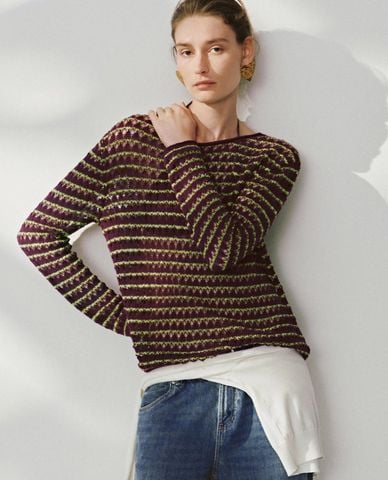  URBAN REVIVO - Áo dệt kim nữ cổ tròn tay dài sọc ngang 