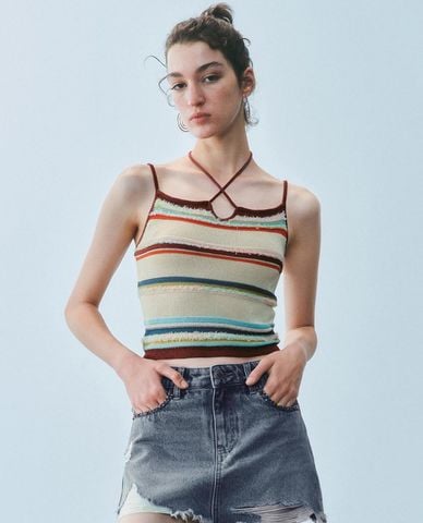  URBAN REVIVO - Áo dệt kim nữ hai dây phối màu thời thượng 