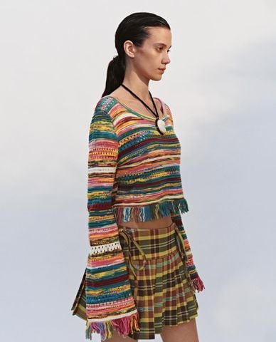  URBAN REVIVO - Áo dệt kim nữ tay dài phối tua rua 