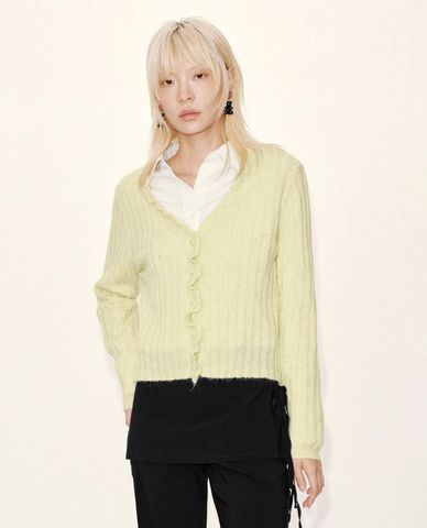  URBAN REVIVO - Áo khoác cardigan nữ cổ V tay dài bèo nhún 