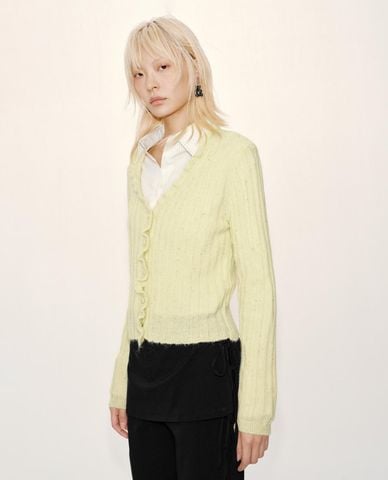  URBAN REVIVO - Áo khoác cardigan nữ cổ V tay dài bèo nhún 