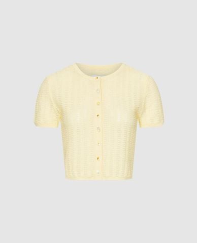  URBAN REVIVO - Áo dệt kim nữ cổ tròn tay ngắn phối nút 