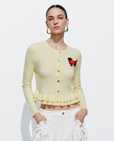  URBAN REVIVO - Áo dệt kim nữ tay dài phối bèo nhún 