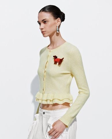  URBAN REVIVO - Áo dệt kim nữ tay dài phối bèo nhún 