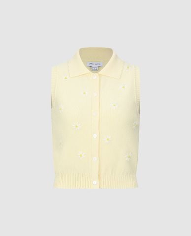  URBAN REVIVO - Áo dệt kim nữ sát nách cổ bẻ thêu hoa 