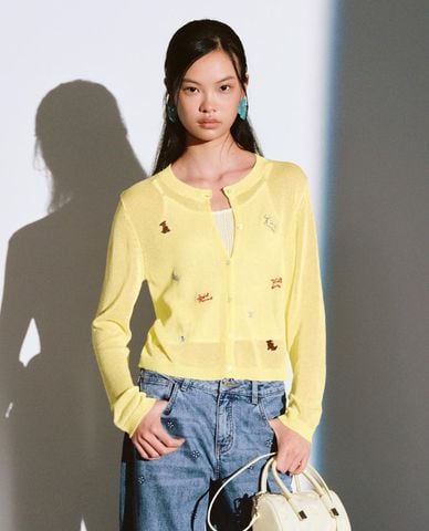  URBAN REVIVO - Áo khoác cardigan nữ dệt kim thêu họa tiết 