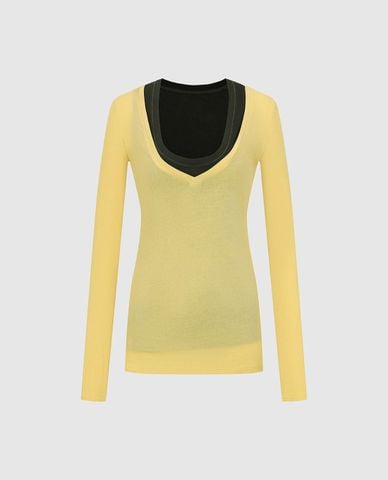  URBAN REVIVO - Áo dệt kim nữ cổ chữ U tay dài phối layer 