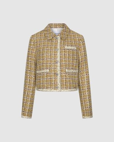  URBAN REVIVO - Áo khoác tweed nữ cổ tròn tay dài phom croptop 