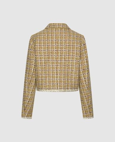  URBAN REVIVO - Áo khoác tweed nữ cổ tròn tay dài phom croptop 