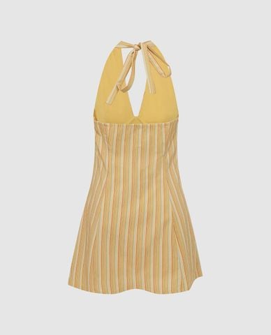  URBAN REVIVO - Đầm mini cổ yếm họa tiết kẻ sọc 