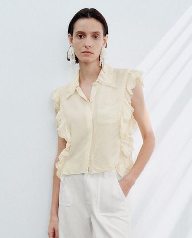  URBAN REVIVO - Áo sát nách nữ cổ bẻ nhún bèo 