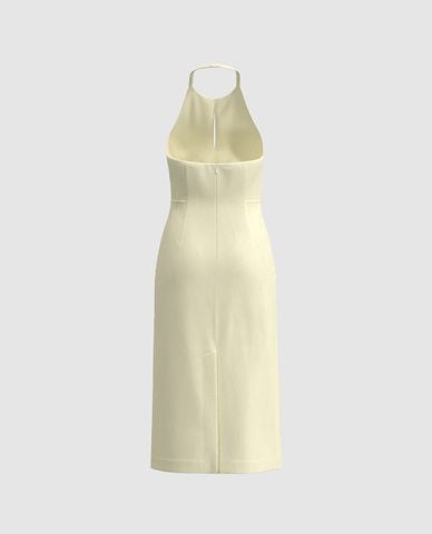  URBAN REVIVO - Đầm sát nách midi cổ yếm Halter 