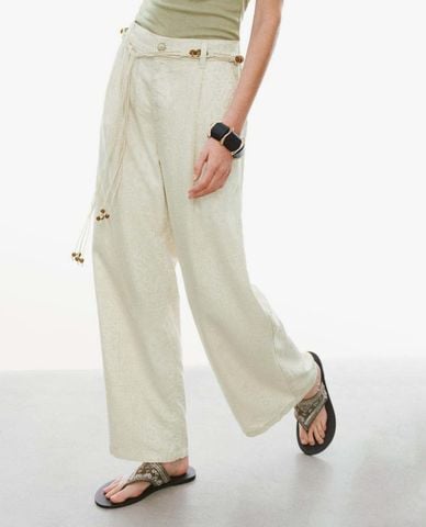  URBAN REVIVO - Quần jeans nữ ống rộng phối dây trang trí 